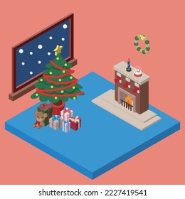 Illustration of a room with a fireplace with a Christmas tree and presents. Iconic isometric style Christmas illustration. Vector material with changeable colors.
