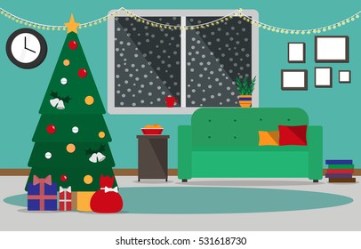 illustration of a room in the house with furniture decorated for  new year or Christmas with Christmas tree, a toy, a sofa, a garland, a window for which there is snow, gifts and more.