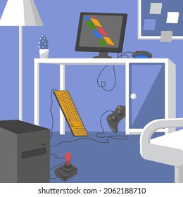 Illustration of a room with an image of computer gadgets.