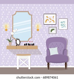 Illustration of room interior design with the dressing table and armchair. Flat style vector illustration.