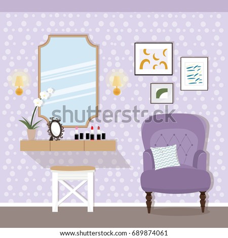 Illustration of room interior design with the dressing table and armchair. Flat style vector illustration.