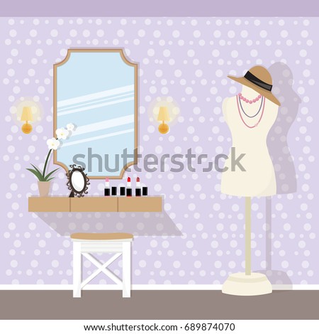 Illustration of room interior design with the dressing table. Flat style vector illustration.