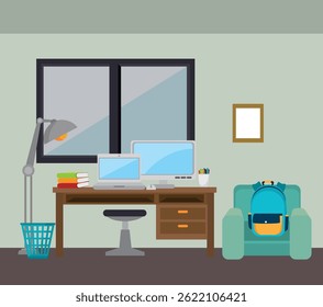 ilustração, quarto, lâmpada, desenho animado, mesa, vetor, design, moderno, interior, interior, fundo, móveis, caneca, poltrona, casa, gráfico, sala de estar, decoração, casa, ninguém, na moda, cena, vazio, 
