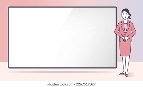 Illustration of room and monitor, smiling woman, title design template, title space, vector