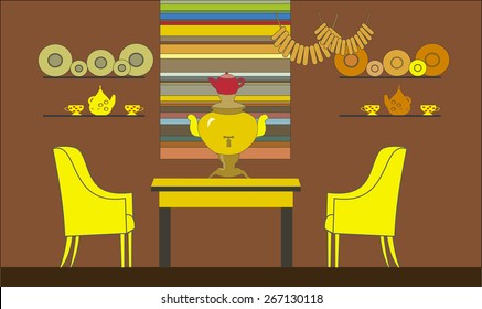 Illustration of a room with a samovar