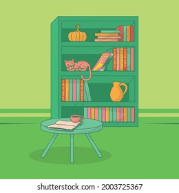 Illustration of room with table and bookshelf reading in green shades