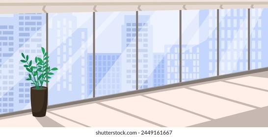 An illustration of a room with a view of skyscrapers through windows, a potted plant inside, in a flat graphic style on a light background, depicting an urban scene. Vector illustration