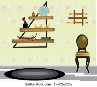 
illustration of a room with a walled shelf on a shelf statues, flowers, a jar, a boat, on a semi-carpet, wallpaper with flowers, next to a wall lamp and a chair