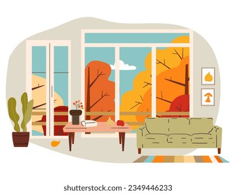 illustration of a room with a window with autumn trees