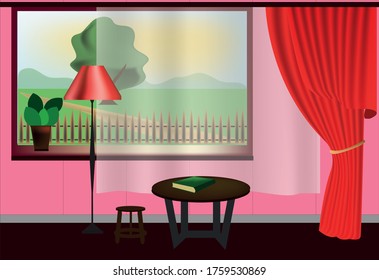 
ilustración una habitación con ventana, fuera de un prado con un árbol y una valla de piquete, en la habitación una cortina roja, tul transparente, papel pintado rosa, una silla y una mesa, un libro sobre la mesa