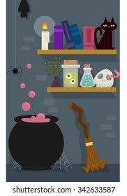 Illustration of the Room of a Witch with a Shelf Full of Witchcraft Tools