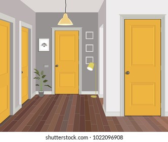 Illustration of a room with yellow doors. Interior of the room with furniture. Illustration hallway.