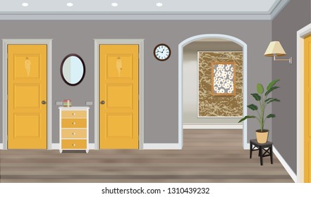 Illustration of a room with yellow doors, stool, flowers and commode. Interior of the room with furniture.