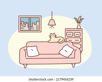  Illustration of the room.Living alone, cats, women, sofas, interiors, spaces.