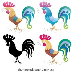 Illustration of a rooster in 4 versions.