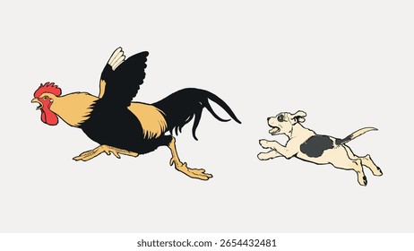Illustration of a rooster being chased by a playful dog. The rooster runs energetically, while the dog leaps in pursuit. Fun, lively, and dynamic scene. Vintage animal illustration vector.