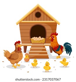 Illustration Of Rooster Chicken And Chicks. Vector illustration