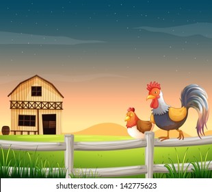 Illustration of a rooster and a chicken near the barnhouse