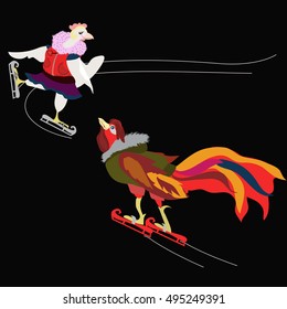 illustration of a rooster  chicken on skates  style element for new years design