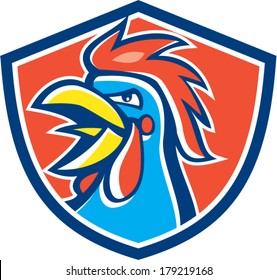 Illustration of a rooster cockerel head crowing facing side set inside shield crest done in retro style on isolated background.