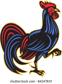 illustration of a rooster cockerel marching viewed from side done in retro woodcut style on isolated white background.