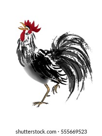 Illustration of rooster drawn in chinese painting style