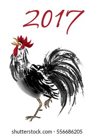 Illustration of rooster drawn in chinese painting style for 2017 year