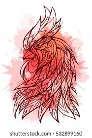Illustration of a rooster head with boho pattern and red watercolor splashes. Fire rooster. Doodle illustration. Sketch of tattoo prints on T-shirts
