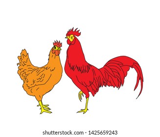 illustration of a rooster and hen, vector
