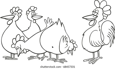 illustration of Rooster and hens for coloring book