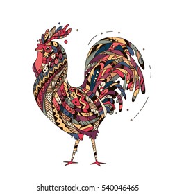 Illustration rooster inspired zentangle style. Rooster symbol 2017. An illustration of a rooster can be used to sketch tattoo tribal Tatem, amulet, print on a T-shirt.