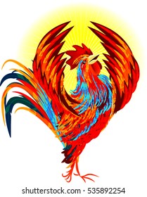 Illustration Rooster Isolated on White Background, Colorful Cartoon Cock