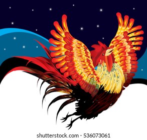Illustration Rooster Isolated on White Background, Colorful Cartoon Cock, Hand Drawn