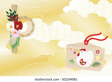 Illustration of rooster and New Year decorations and Japanese pattern background