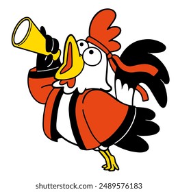 Illustration of a rooster playing a role in sales promotion. Vector illustration on white background.