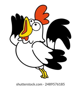 Illustration of a rooster shouting with his hand in the air.  Vector illustration on white background.