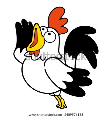 Illustration of a rooster shouting with his hand in the air.  Vector illustration on white background.