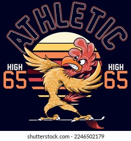 Illustration Rooster Surfer with Surfboard and text Athletic 65 and Sun gradient fashion style