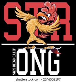 Illustration Rooster Surfer with Surfboard and text Strong College Swag California fashion style