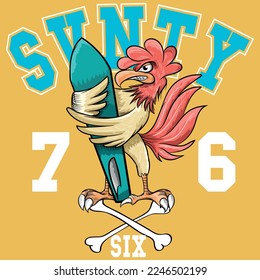 Illustration Rooster Surfer with Surfboard and text seventy Six College fashion style