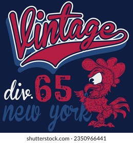 Illustration Rooster tattoo with text Vintage Division since 1965 New York USA, Cool Varsity design.