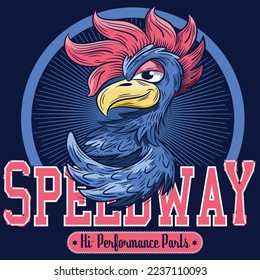 Illustration Rooster With text Speedway. Racing Team, College Style, Cool Colors.