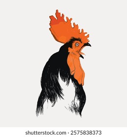 Illustration of rooster with vibrant orange and black feathers. The rooster's bold colors and striking pose make it captivating image. Vintage art drawing illustration, painting art vector.