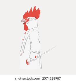 Illustration of a rooster in a white coat holding a sword. The rooster wears a coat, and the sword is prominent. Unique rooster art with a sword and coat. Isolated vintage vector element.