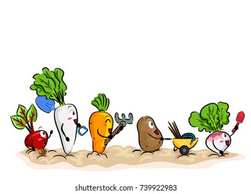 Illustration of Root Crop Mascots with Garden Tools. Radish, Carrot, Potato and Beet Crops with Rake, Shovel, Wheelbarrow and Rope