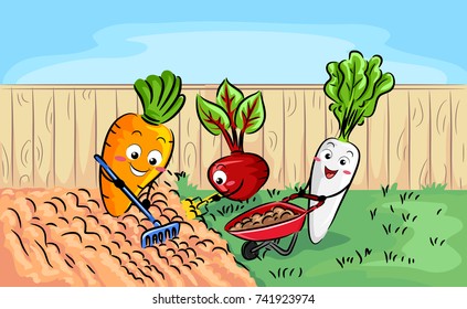 Ilustración de los cultivos de raíz, una zanahoria, remolacha y rastrojo preparando el suelo en el jardín