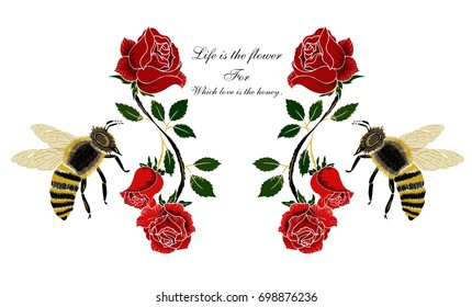 Illustration with rose and bee
mirror rose 
Illustration with rose
Bouquet for printed on the product.
floral graphic for t-shirt
vector animal and flower.
T-shirt screen design