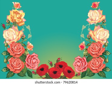 illustration with rose floral half frame decoration on light background