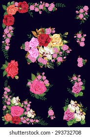 ilustración con elementos decorados con flores de rosa aislados en un fondo oscuro