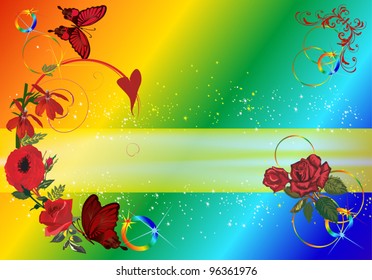 illustration with rose flower decoration on rainbow background